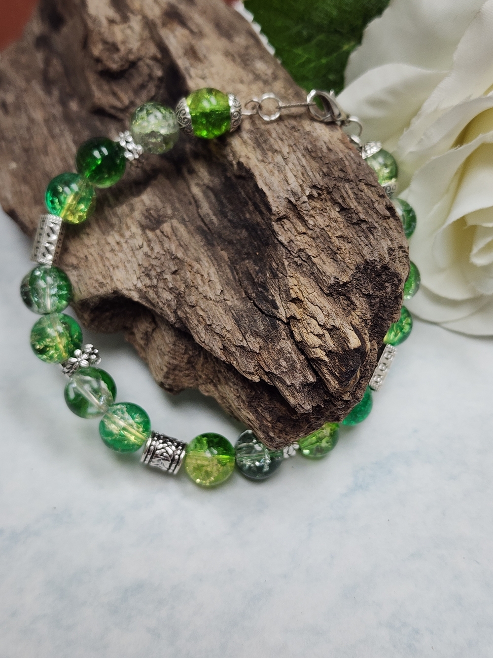 Hand Crafted Bracelet With Green Crackled Glass Beads And Silver Tone Accents